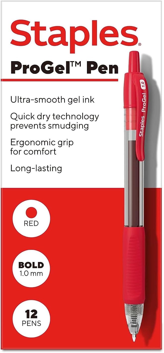 Staples ProGel Retractable Gel Pens, Bold 1.0mm, Red Ink, 12-Pack | Smooth-flow pens for editing, mark-up, and everyday office writing.