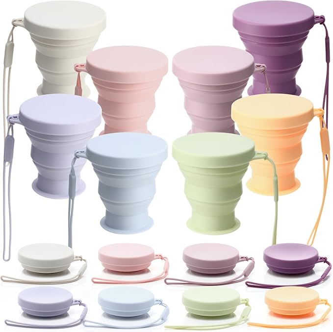 Funnymoom 8 Pcs Collapsible Travel Cups with Lids 7 oz Silicone Folding Camping Cup Reusable Drinking Cup Sets for Outdoor Hiking Camping and Travel(Macaron Colors)