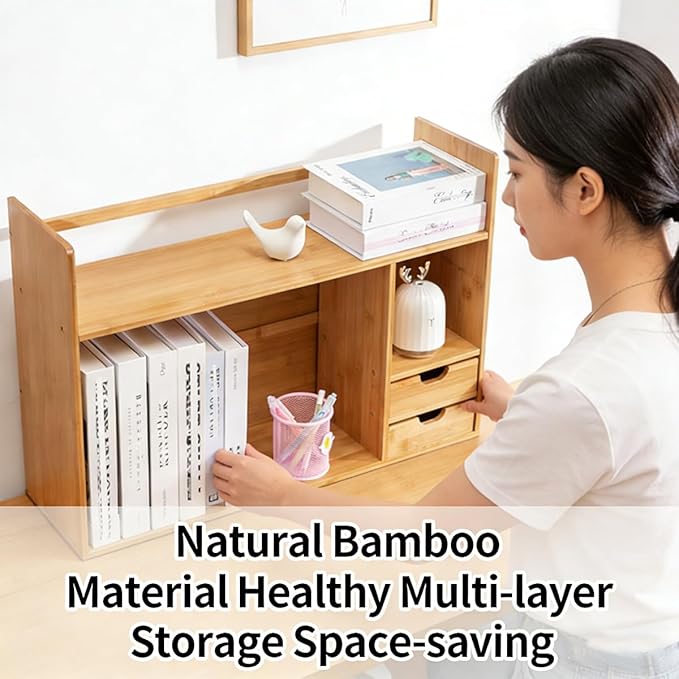 Bamboo Desktop Bookshelf with Drawers,2-Tier Desk Organizer Shelf,Small Desk Hutch with Storage for Office,Dorm,Bedroom,Home,Desk Top Bookshelf with Rounded Corners,22.8"x7.5"x18.1"