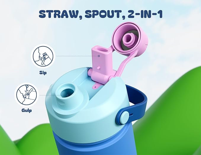 12 oz Kids Insulated Water Bottle for School: 2-in-1 Straw Spout Lid, Leakproof, BPA-Free, Keep Cold 24H, Reusable Stainless Steel Cup for Travel, Camping, Birthday Gift for Boys Girls (Ohana Blue)