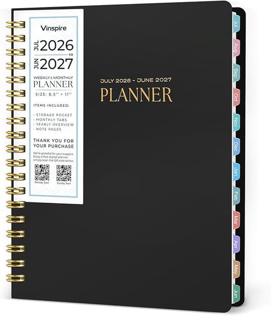 Vinspire 2026 Planner - Yearly, Monthly, and Weekly Planner 2026-2027 for Teachers & Students - Spiral US Academic Year Student Calendar Planners with Notes Pages 2026 Planner Weekly and Monthly - Large (Black, 8.5"×11")
