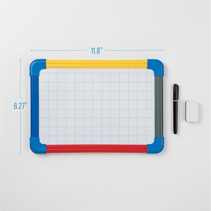 MasterVision Schoolmate Small Dry Erase Lap Whiteboard, 12" x 8", Magnetic Lap Board, Multi-Colored Frame, Double Sided White Board (Blank/Gridded), for Kids, Students, Schools