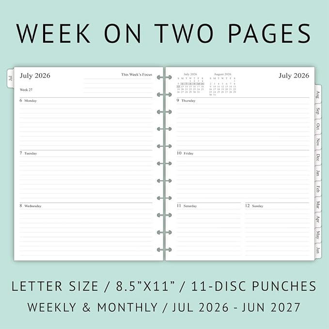 2026-2027 Weekly Planner Refills for 11-Discbound Notebooks, Jul 2026 to Jun 2027, Monthly Tabs, 11-Disc Punches, Letter Size, 8-1/2" x 11"