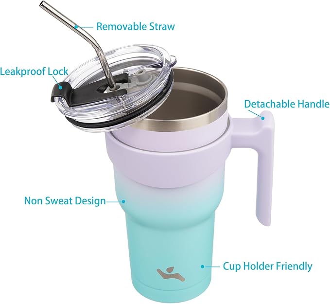 Konokyo 40 oz Tumbler with Handle and 2 Straw 2 Lid, Insulated Water Bottle Stainless Steel Vacuum Cup Reusable Travel Mug, Lavender Green