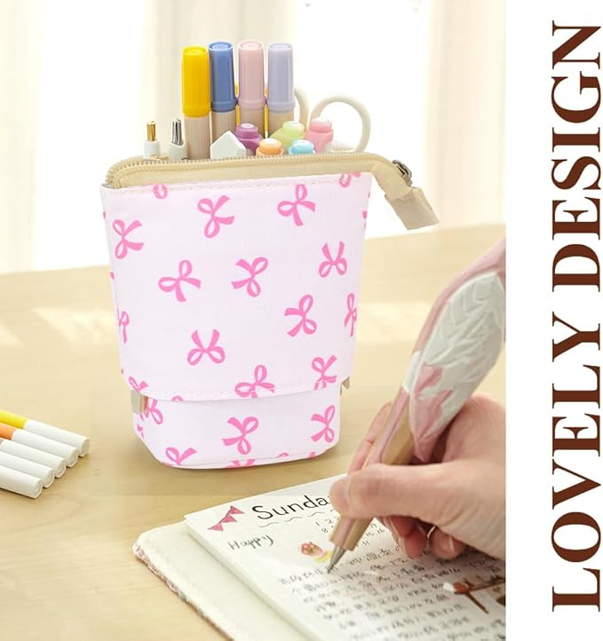 KPX Cute Standing Pencil Case Pen Holder for Kids, Pop Up Stand UP Bubble Tea Pen Organizer Kawaii Stationary for Christmas Holiday New Year Office (Bow)