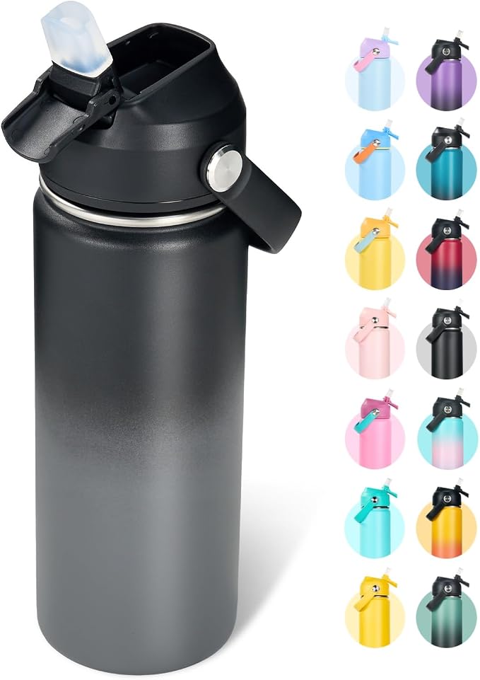 Fijinhom 18oz Insulated Stainless Steel Water Bottle, Wide Mouth Double Wall Vacuum, Silicone Straw, Sweat & Leak Proof, BPA Free Insulated Water Flask for Travel, Keep Cold 24h Hot 12h, Grey