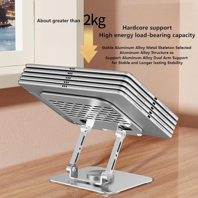 Adjustable Tablet Stand with 360 Rotating Base, Aluminum Dual-Rod Support, Compatible with iPad Pro/Air/Mini, Smartphones and E-Readers, Silver Grey