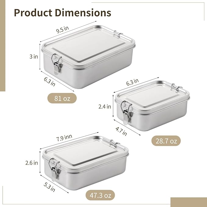 3 PCS Bento Boxes, Stainless Steel Lunch Boxes, Food Storage Containers, Lockable Clips to Leak Proof, Reusable Dishwasher Safe Lunch Snack Boxes(850 ml, 1400 ml, 2400 ml)