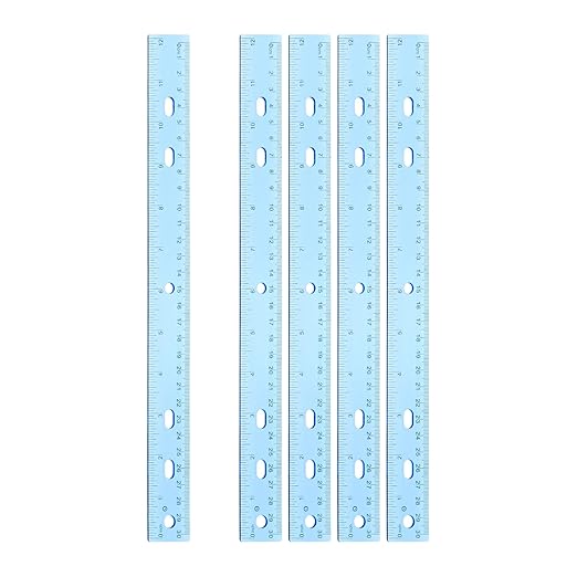 HARFINGTON 5pcs Plastic Rulers 12" (30cm) Clear Straight Ruler Measuring Tool Inches and Centimeters with Hole for Home Office Classrooms Drafting, Clear Blue
