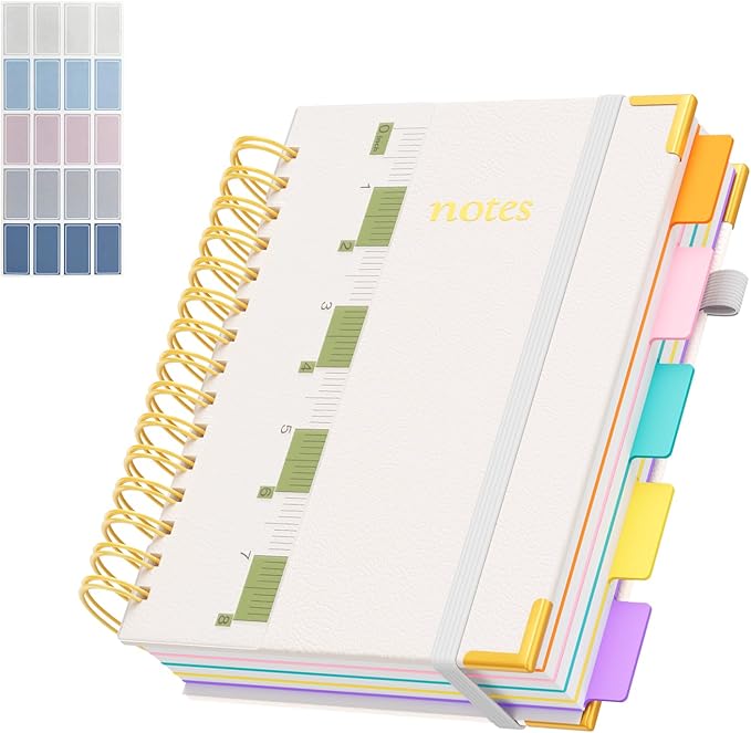 XYark A5 Hardcover Spiral Notebook, 6.3"x8.5" College Ruled Notebooks with Removable Dividers Tabs & Ruler, 5 Subject Notebook 300 Pages, Small Lined Journal for Women Men School Work Office, White