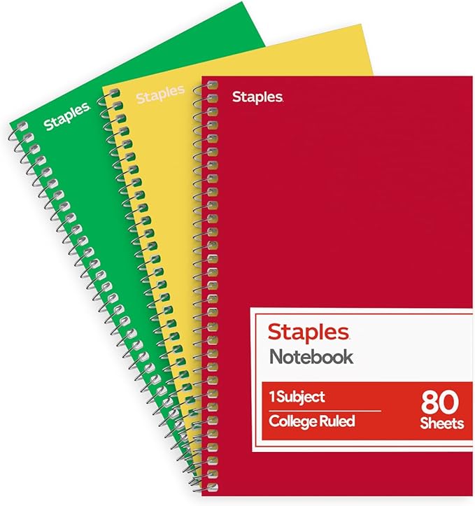 STAPLES 1‑Subject Spiral Notebook, College Ruled, 80 Sheets, Assorted Colors, 3‑Pack