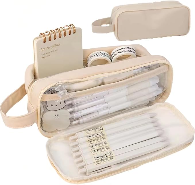 Big Capacity Pencil Case 5 Compartments Large Pencil Pouch Pen Bag Pencil Box Holder Organizer Simple Storage Aesthetic Stationery Cosmetic for Adults Men Women College Office Essentials (White)