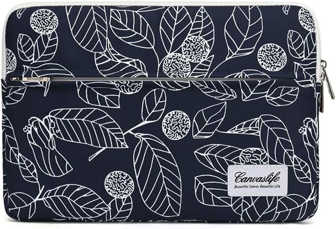 canvaslife Waterproof Pattern 13 inch Canvas Laptop Sleeve with Pocket 13 inch 13.3 inch Laptop 13 case13 Sleeve (Blue Leaves)
