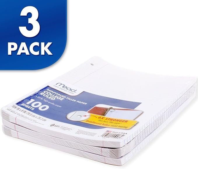 Mead Loose Leaf Paper, 3 Pack, Notebook Paper, College Ruled Filler Paper, Reinforced, 8 x 10.5, 100 Sheets per Pack (38037)