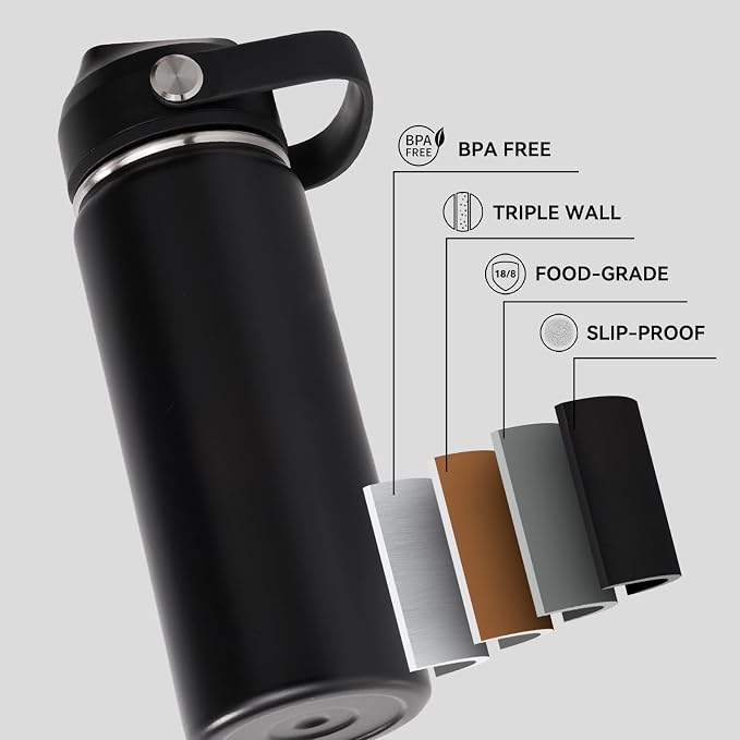 Fijinhom 18oz Insulated Stainless Steel Water Bottle, Wide Mouth Double Wall Vacuum, Silicone Straw, Sweat & Leak Proof, BPA Free Insulated Water Flask for Travel, Keep Cold 24h Hot 12h, Black