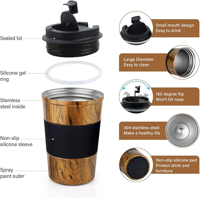 CS COSDDI 12 oz Stainless Steel Vacuum Insulated Tumbler - Coffee Travel Mug Spill Proof with Lid - coffee Cup for Keep Hot/Ice Coffee,Tea and Beer (D-wood grain)