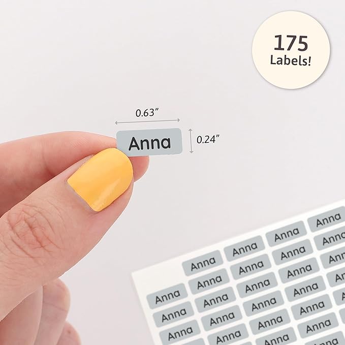 Mini Name Labels (175) - Custom Personalized Name Labels for Labeling Tiny Items, Washer and Dryer-Safe Waterproof Labels for Daycare, Preschool, and School - Grey