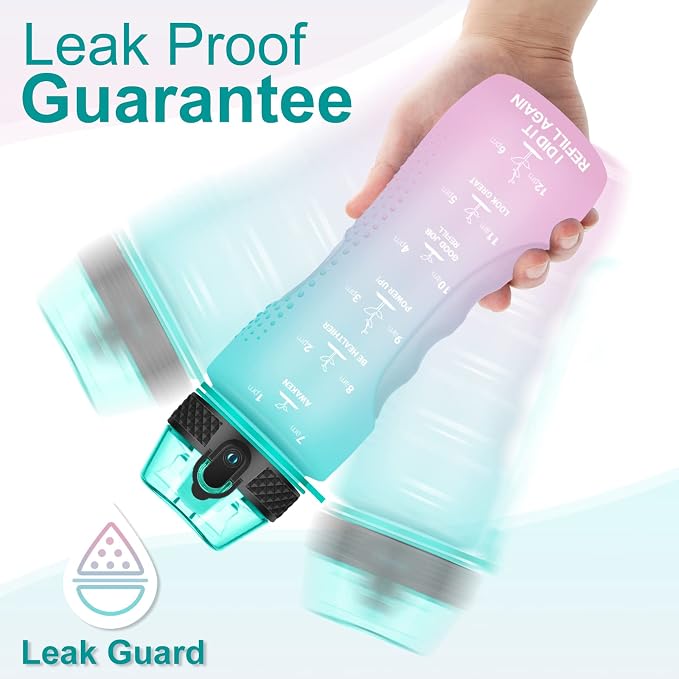 24 OZ Motivational Kids Water Bottle With Time Marker,Leak Proof,Straw Lid, Tritan BPA Free Sports Water Bottle Light green pink(1 Lid)