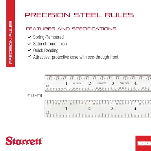 Starrett Spring Tempered Steel Rules with Satin Chrome Finish, Quick Reading and Inch Graduation - 6" Length, 7R Graduation Type, 3/64" Thickness - C607R-6