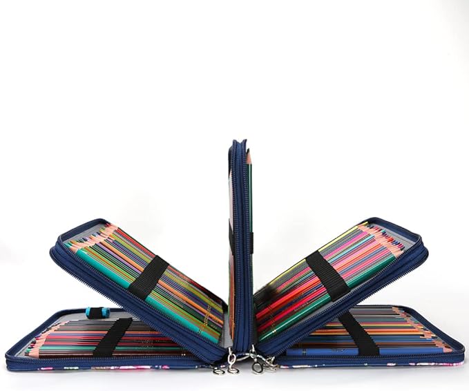 Vomgomfom 200 Slots Pencil Bag, 4-Layer Zipper Portable Art Supply Organizer, PU Leather Large Capacity Colored Pencil Case with Handle for 200 Watercolor Pens, Gel Pens (Blue Rose)