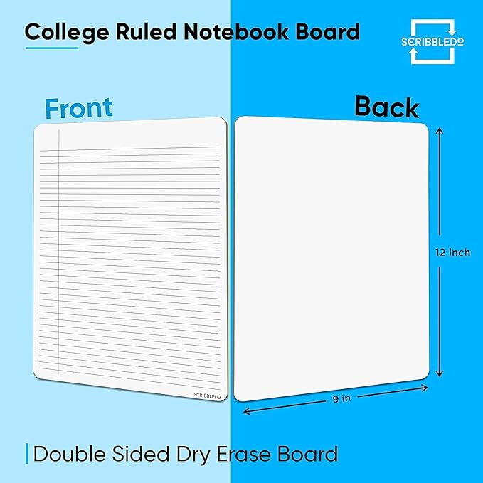 Scribbledo 2 Pack Dry Erase Notebook College Ruled Lined Board 9"x12" Reusable Lined Erasable Ruled Writing Note Pad Lapboard, Blank Whiteboard on Reverse