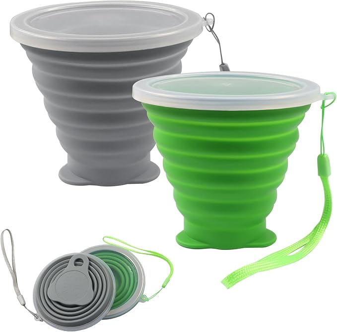 Bonsicoky 2 Pack Collapsible Cup, Folding Travel Mug with Lid, 270ml Portable Cup for Hiking, Camping, Outdoor & Daily Use, Green and Gray (Collapses to 0.55 Inch)
