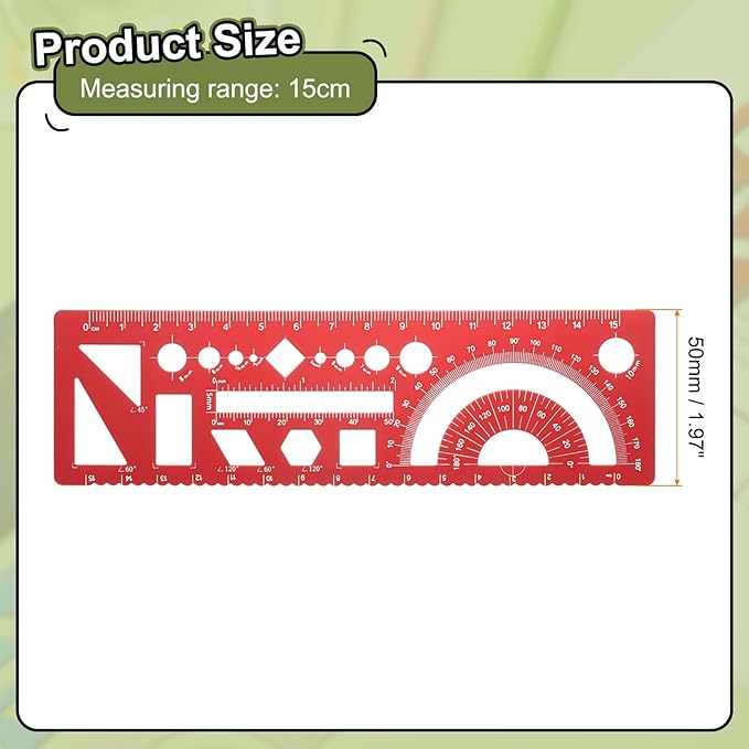 HARFINGTON 2pcs Multifunctional Geometric Rulers 15cm Metric and SAE Aluminum Straight Edge Protractor Angle Math Measuring Ruler Geometric Drawings Templates for Drawing Drafting, Red