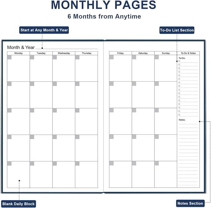 Daily & Monthly Planner for 2026 or Anytime - ADHD Planner Two Pages Per Day, Daily Planner Undated to Increase Focus, Eliminate Overwhelm, Achieve Your Biggest Goals, 5.8'' × 8.3'', Blue
