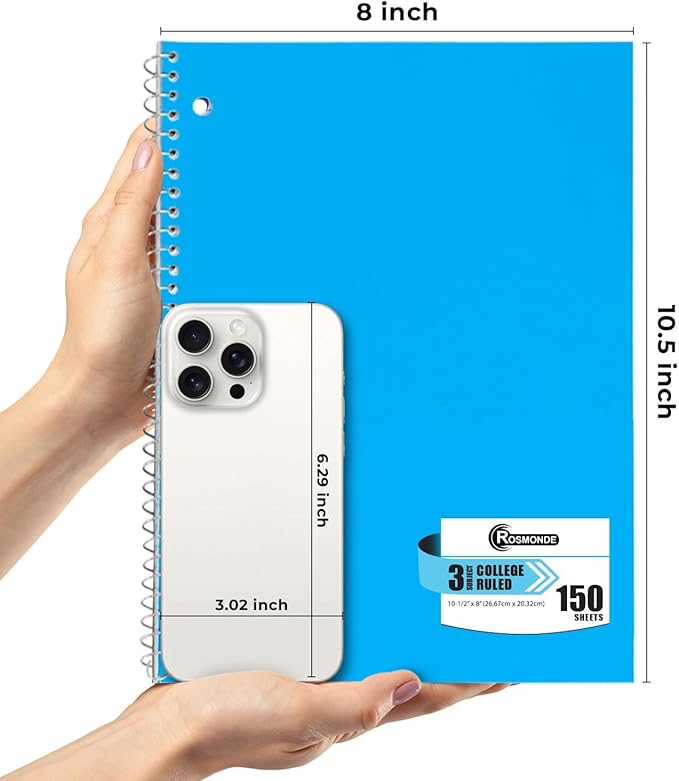 Rosmonde 36 Pack 3 Subject Spiral Notebook College Ruled Bulk, Thick Paper, 300 Pages (150 Sheets), 8 x 10-1/2", Bulk Spiral Journal for School, 3 Hole Punched, Bulk Subject Notebooks, Assorted Colors