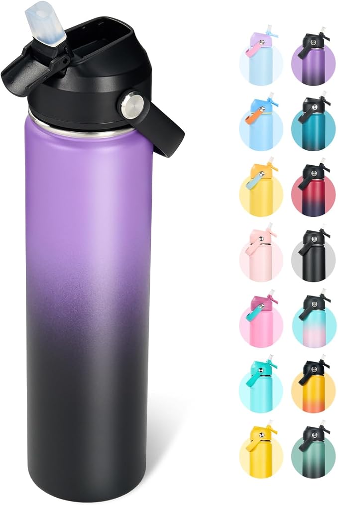 Fijinhom 24oz Insulated Stainless Steel Water Bottle, Wide Mouth Double Wall Vacuum, Silicone Straw, Sweat & Leak Proof, BPA Free Insulated Water Flask for Travel, Purple & Black