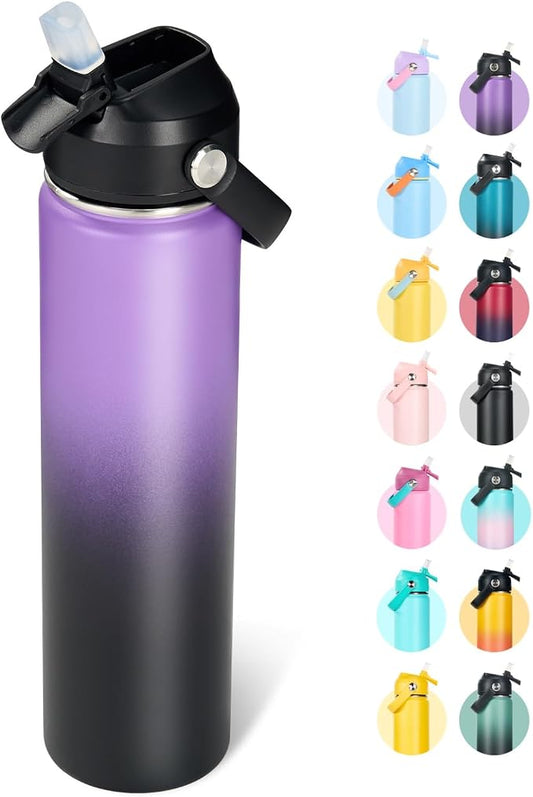 Fijinhom 24oz Insulated Stainless Steel Water Bottle, Wide Mouth Double Wall Vacuum, Silicone Straw, Sweat & Leak Proof, BPA Free Insulated Water Flask for Travel, Purple & Black