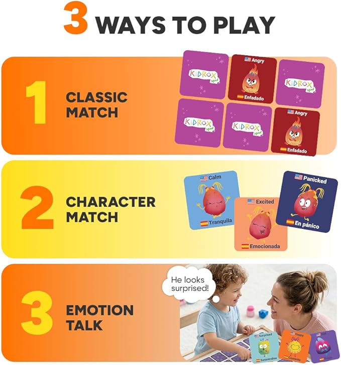 Kidrox Emotions Matching Game – Bilingual Memory Card Game in English & Spanish for Kids Ages 3+ | Learn & Mimic Emotions with Kidrox Squad | Premium Magnetic Box | 40 Tiles