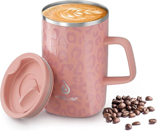 Ideus Vacuum Insulated Coffee Mug, 16oz Reusable Stainless Steel Thermal Double Walled cup with Handle and Slider Lid for Hot & Cold Beverages, BPA Free (Leapord Pink)