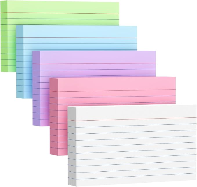 250 Count Colored Index Cards 3x5 Inch 180gsm Heavy Weight Flash Card (50 Sheets Each), Note Taking for Students, Teachers, Professionals, Study Note Cards for Office Home School