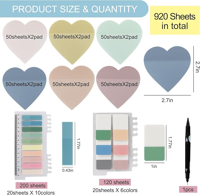 Vuzvuv 920 Sheets Transparent Heart Sticky Notes with Pen, Bulk Translucent Sticky Notes Set for Bible Tabs, Book Tabs, Office School Supplies