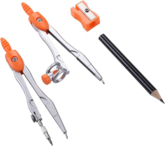 Vobou 10 Pieces Math Geometry Kit Set Student Supplies with Shatterproof Storage Box,Includes Rulers,Protractor,Compass,Eraser,Pencil Sharpener,Lead Refills,Pencil,for School and Drawings（Orange）