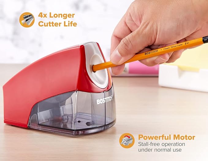 Bostitch Office Electric Pencil Sharpener for Classroom & Desk Use, Heavy-Duty Stall-Free Motor, High-Capacity Shavings Tray, Red (Pack of 6)