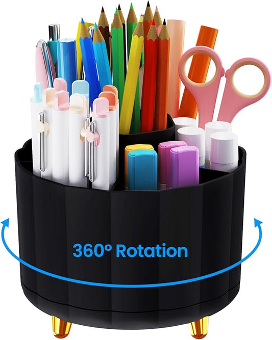 Pencil Holder for Desk 360 Rotating, Pen Holder for Desk or Classroom, Pencil Cup & Pen Organizer, Rotating Caddy, Makeup Brush Holders with 6 Slots, Black