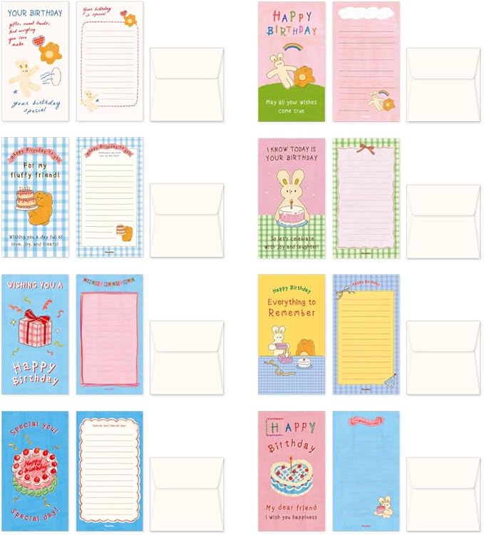 Monolike Unmatched Friends Happy Birthday Mini Letter Paper and Envelopes Set - 8Type, 32 Letter Paper + 16 Envelopes