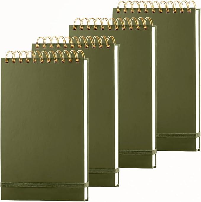 4 Pack Thick Superhard Cover A5 Top Spiral Notebook,Top Bound Notebooks Steno Notebooks 4x160 Pages, Inner Pocket College Ruled, Hardcover Steno Pads, Left-Handed Spiral Notepads for Work Green