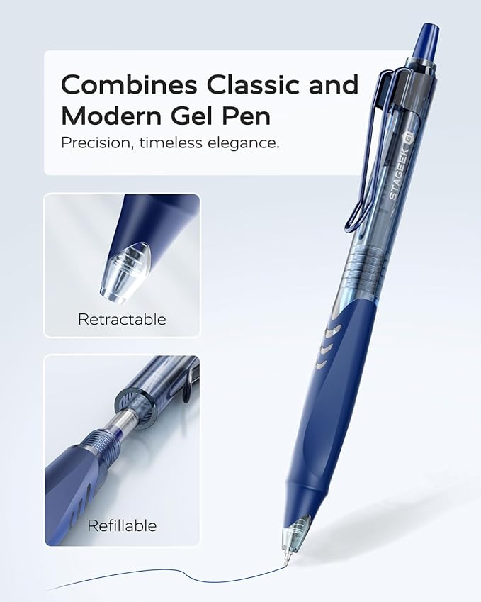 STAGEEK GX1 12 Pack Blue Gel Pens, Quick Dry Blue Ink Pen, 0.5mm Fine Point Retractable Smooth Writing Pens for Journaling, Writing, Business Gel Pen for Office School & Home Supplies(Blue)