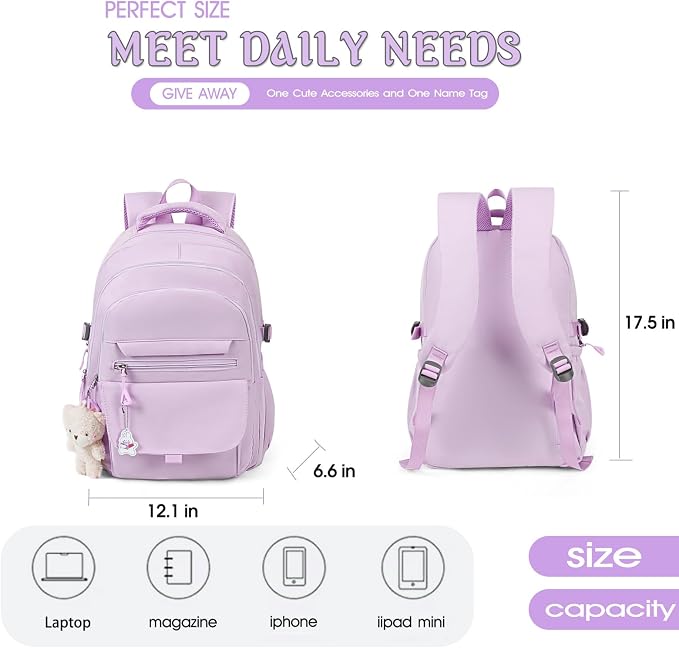PRLINJSK Girls Backpack for College High Middle School Student, Cute Aesthetic Bookbag for Teens Women with Accessories，Purple