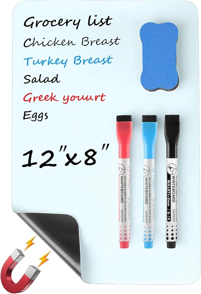 MaxGear Magnetic Blue Dry Erase Board Sheet 12"x8" for Refrigerator, Small Fridge Magnetic Whiteboard for Kitchen, Fridge Shopping List for Family Planner and Grocery List, 1 Eraser, 3 Markers
