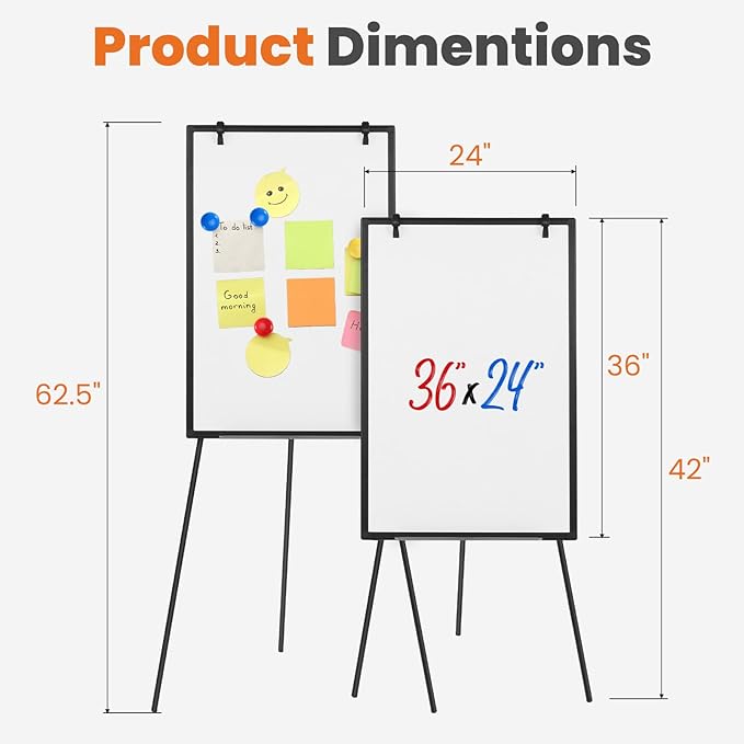 OLIXIS 36" x 24" Magnetic White Board with Stand, Standing Dry Erase Board, Whiteboard with 1 Dry Eraser & 2 Multicolor Markers & 4 Magnetic Pins, Aluminium Frame for Home, School, Office, Black