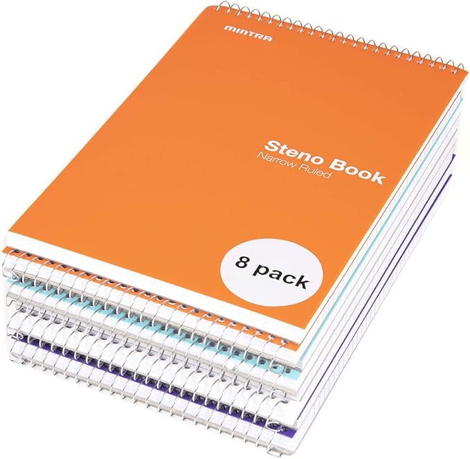 Mintra Office Steno Book - (BRIGHTS - Purp/Wht/Teal/Orange) - Poly Cover, 6in x 9in, 100 sheets, Narrow Ruled for Writing Notes for school, office, work, 6x9 steno notepad, top bound spiral notebook (8 PACK)
