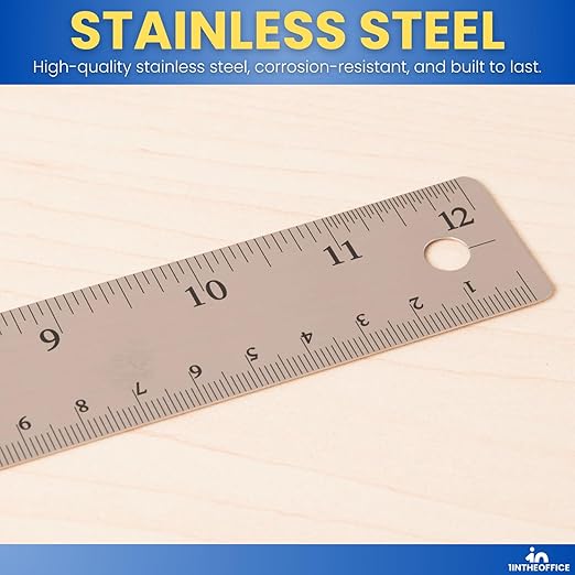 1InTheOffice Metal Ruler 12 Inch, Stainless Steel 12 Inch Ruler with Cork Back and Hanging Hole - 1/16" Standard Scale 12 inch - 3 Pack