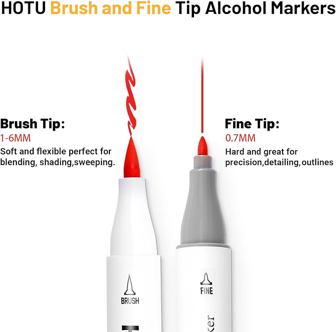 HOTU 50 Colors Alcohol Markers Brush Tip and Fine - Dual Tip Art Marker Set for Artists Adults Coloring, Sketching - Professional Alcohol Based Markers with Bleed-prevention Pad & 4 Coloring Cards