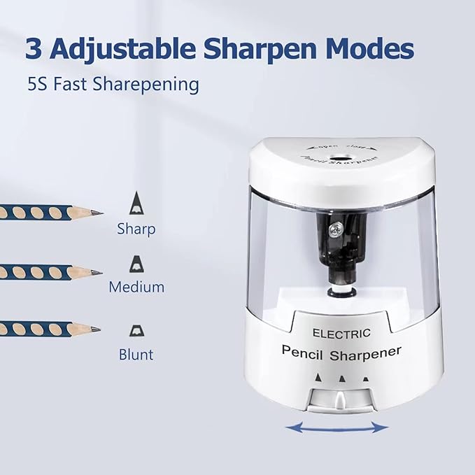 Electric Pencil Sharpener, Battery (Not Included) USB Powered, Portable for NO.2 Pencils, Automatic and Durable with 3 Sharpness Options - Classroom, Home, Office White