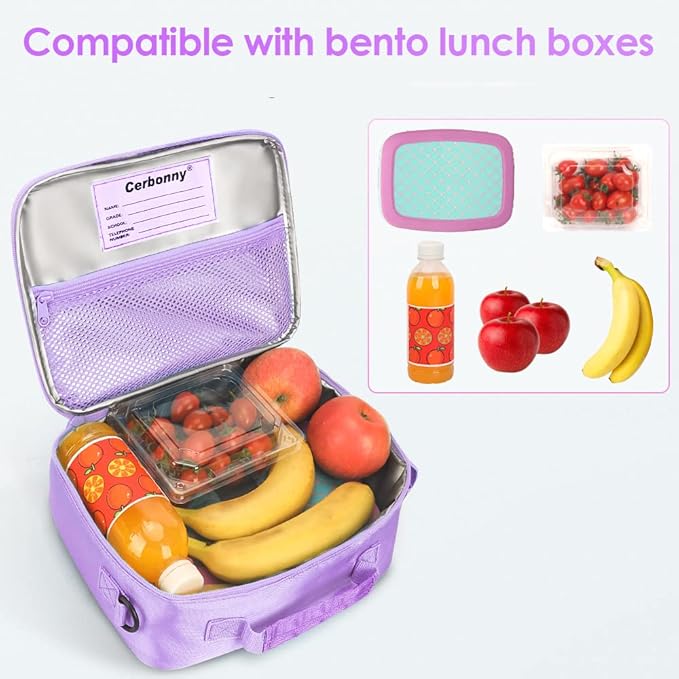 Cerbonny Kids Lunch Bag - Insulated Lunch Box for Girls & Toddlers, Keeps Food Cold & Warm, Purple