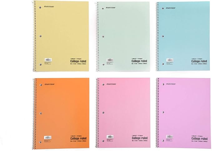Mintra Office Spiral Notebooks, Wirebound, Journals for School, Work, Business, Aesthetic Stationery, Writing Pads, Teacher & Student Supplies (6, Pastel, College)